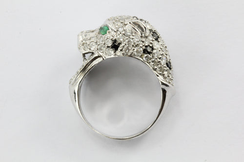 18K White Gold Diamond & Emerald Figural Leopard Jaguar Ring - Queen May