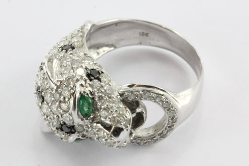 18K White Gold Diamond & Emerald Figural Leopard Jaguar Ring - Queen May