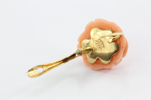 18K Gold Pink Angel Skin Carved Coral Rose Earrings Italy c.1960 - Queen May