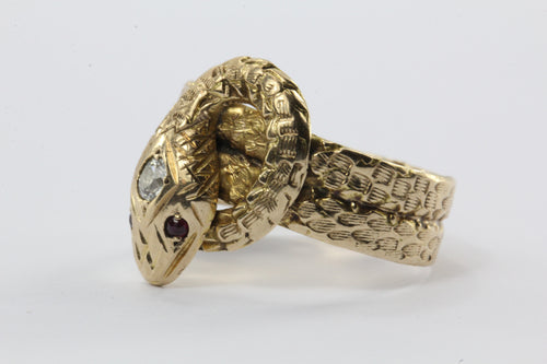 Antique 10K Ruby & Old European Diamond Figural Coiled Snake Ring - Queen May