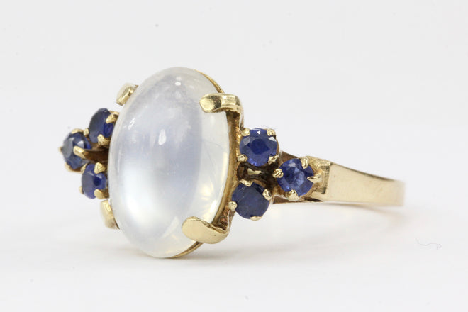 14K Yellow Gold 4 CT Moonstone and Blue Sapphire Ring - Queen May