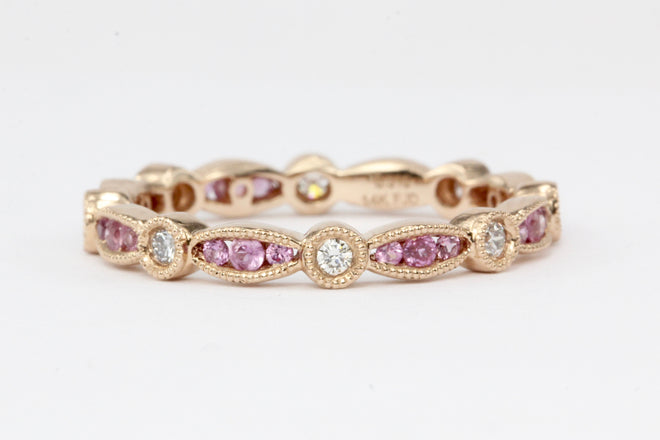 14K Rose Gold Pink Sapphire and Diamond Band - Queen May