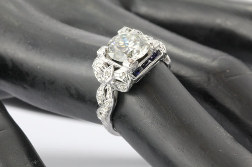 Art Deco Platinum GIA 2.09 Carat Diamond Sapphire Ribbon Engagement Ring - Queen May