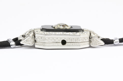 Art Deco Platinum GIA Certified 1.06 CT Diamond & Onyx Watch Conversion Bracelet - Queen May