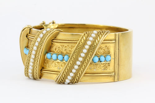 Victorian 18K Yellow Gold Persian Turquoise & Seed Pearl Pierced Bangle Bracelet - Queen May