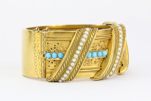 Victorian 18K Yellow Gold Persian Turquoise & Seed Pearl Pierced Bangle Bracelet - Queen May
