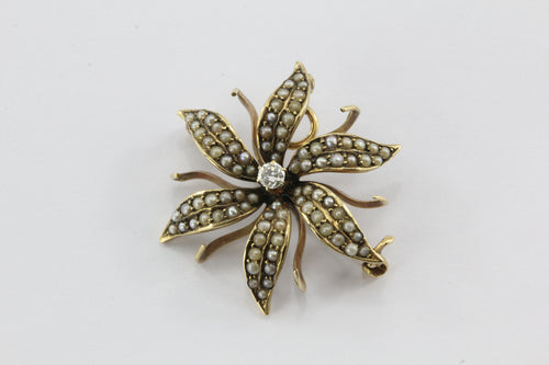 Antique 14K Gold Seed Pearl & Old European Diamond Flower Pendant ...