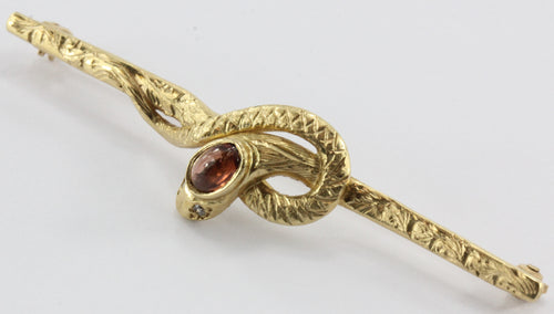 Vintage 14K Gold Victorian Style Diamond & Garnet Snake Bar Pin - Queen May