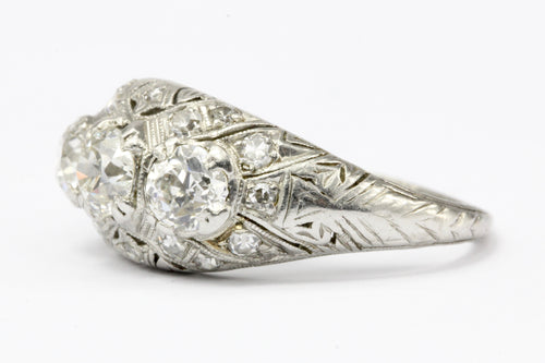 Art Deco Platinum 3 Stone Old European Cut Diamond Ring Size 6.25 - Queen May