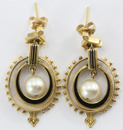 Vintage 14K Gold Enamel & Pearl Victorian Revival Earrings - Queen May