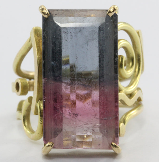 14K Gold Large Post Modern Memphis PoMo Pink & Purple Watermelon Tourmaline Ring - Queen May