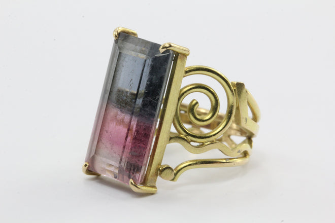 14K Gold Large Post Modern Memphis PoMo Pink & Purple Watermelon Tourmaline Ring - Queen May