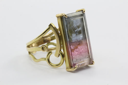 14K Gold Large Post Modern Memphis PoMo Pink & Purple Watermelon Tourmaline Ring - Queen May