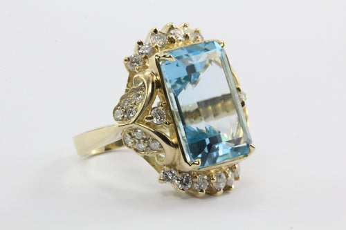 Vintage 14K Gold Swiss Blue Topaz & Diamond Large Chunky Cocktail Ring - Queen May
