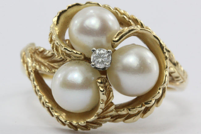 14K Gold 6mm Three Pearl & Diamond Ring - Queen May
