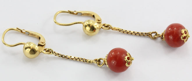 Vintage 18K Gold & Mediterranean Blood Red Coral Drop Earrings - Queen May