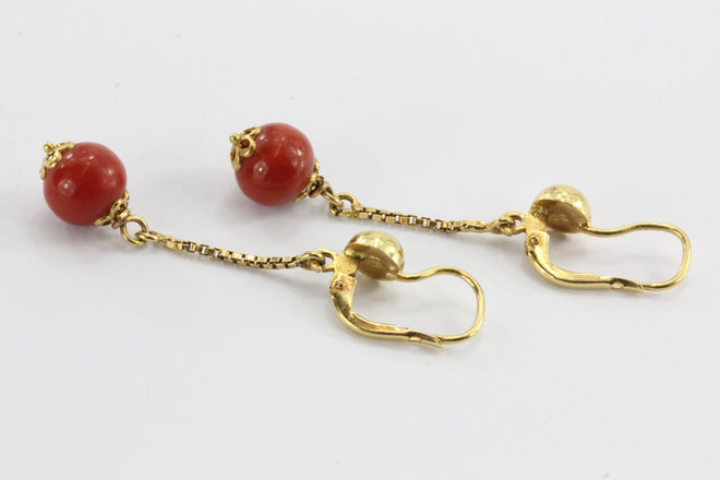 Vintage 18K Gold & Mediterranean Blood Red Coral Drop Earrings - Queen May