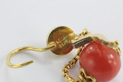 Vintage 18K Gold & Mediterranean Blood Red Coral Drop Earrings - Queen May