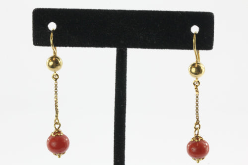 Vintage 18K Gold & Mediterranean Blood Red Coral Drop Earrings - Queen May