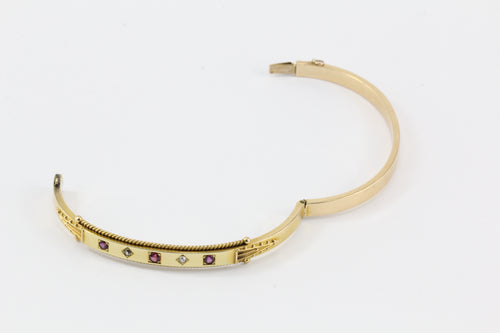 English 15ct Gold Victorian Ruby & Diamond Bangle Bracelet - Queen May
