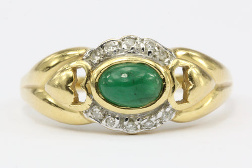 18K Yellow Gold Emerald and Diamond Ring with Heart Motif Size 8 - Queen May