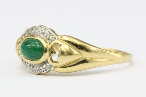 18K Yellow Gold Emerald and Diamond Ring with Heart Motif Size 8 - Queen May