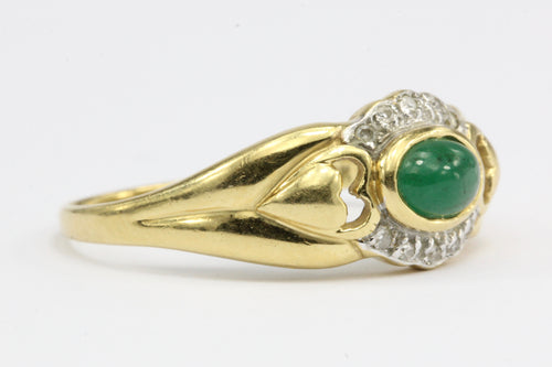 18K Yellow Gold Emerald and Diamond Ring with Heart Motif Size 8 - Queen May