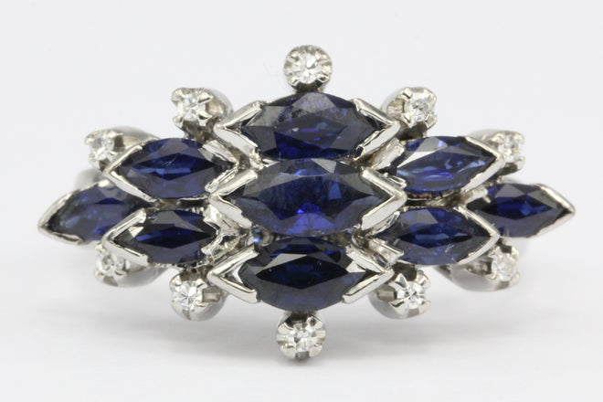 18K White Gold Natural Sapphire and Diamond Cluster Ring Size 6.75 - Queen May