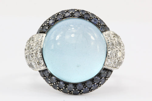 18K White Gold Blue Topaz Cabochon and Diamond Dome Ring Size 5.75 - Queen May