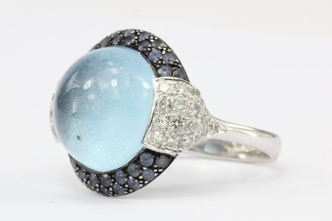 18K White Gold Blue Topaz Cabochon and Diamond Dome Ring Size 5.75 - Queen May