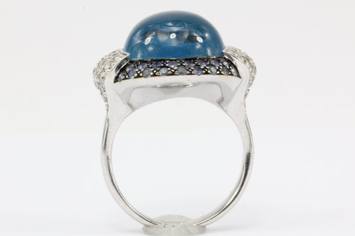 18K White Gold Blue Topaz Cabochon and Diamond Dome Ring Size 5.75 - Queen May