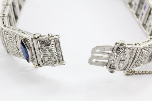 Antique Art Deco 14K White Gold Diamond & Sapphire Tennis Bracelet - Queen May