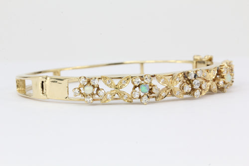 Retro 14K Gold Diamond Opal Floral Bangle Bracelet c.1950 - Queen May