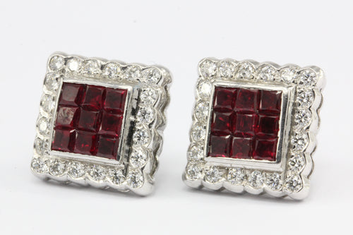 18K White Gold Natural Ruby and Diamond Square Earrings - Queen May