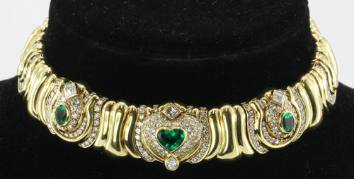 Vintage 18K Gold Emerald 4 CTW & Diamond 6.6 CTW Chunky Italian Collar Necklace - Queen May