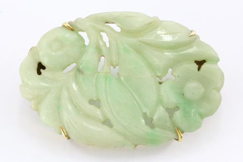 Vintage 14K Gold Icy Jade Carved Floral Brooch Pin - Queen May