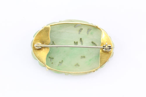 Vintage 14K Gold Icy Jade Carved Floral Brooch Pin - Queen May