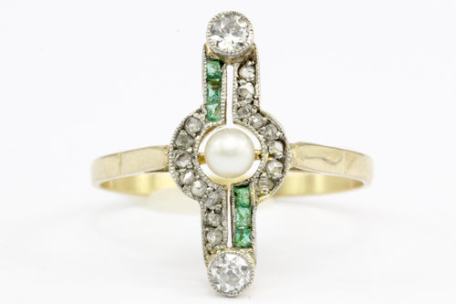 Edwardian 18K Yellow Gold Platinum Top Pearl Emerald & Diamond Ring Size 7 - Queen May
