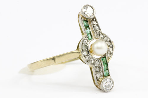 Edwardian 18K Yellow Gold Platinum Top Pearl Emerald & Diamond Ring Size 7 - Queen May