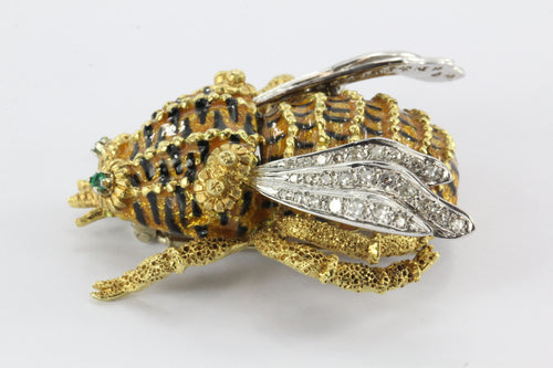 Large 18k handmade enamel bee with 1 carat single cut diamonds and emerald eyes - Queen May
