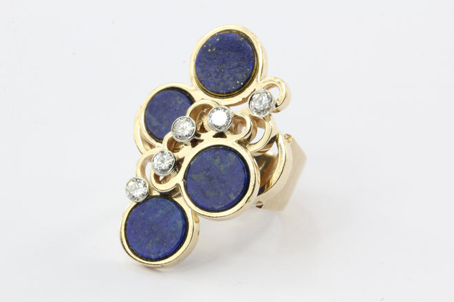 14k gold lapis disc and diamond mid century cocktail ring - Queen May