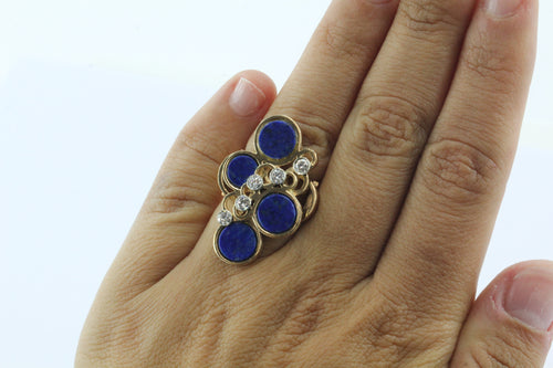 14k gold lapis disc and diamond mid century cocktail ring - Queen May