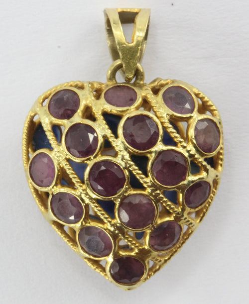 18k yellow gold ruby and sapphire double sided puffy heart charm - Queen May