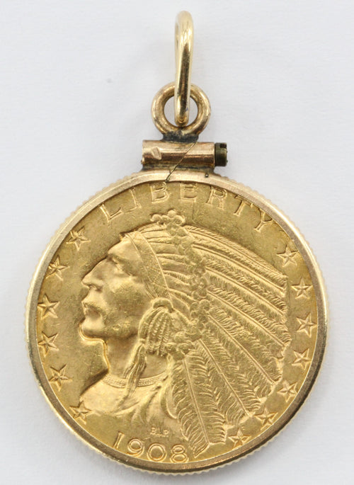 1908 US Indian Head Gold Five Dollar Half Eagle Coin In 14k Gold Bezel - Queen May