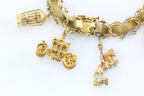 Vintage Yellow Gold World Traveler Charm Bracelet w/ 9 Charms - Queen May