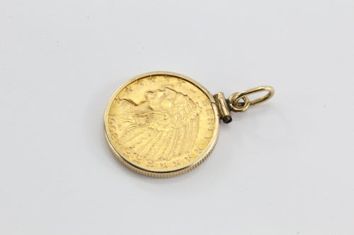 1908 US Indian Head Gold Five Dollar Half Eagle Coin In 14k Gold Bezel - Queen May