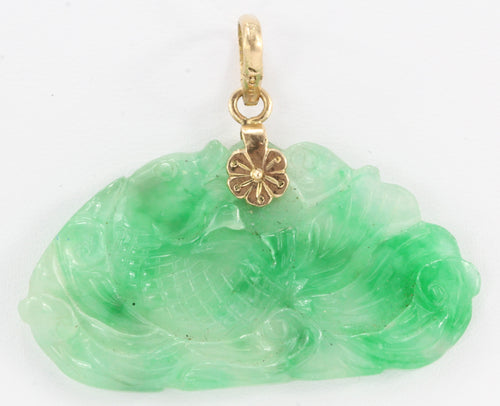 Vintage 18K Gold Translucent Mossy Jade Chinese Carved Fish Pendant - Queen May
