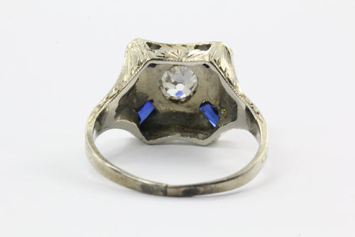 Art Deco Diamond and French Cut Sapphire 18k Gold Engagement Ring - Queen May