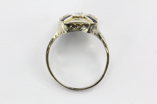 Art Deco Diamond and French Cut Sapphire 18k Gold Engagement Ring - Queen May
