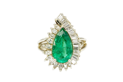 14K Yellow Gold GIA 3.5 Carat Pear Shaped Emerald and Diamond Halo Ring - Queen May